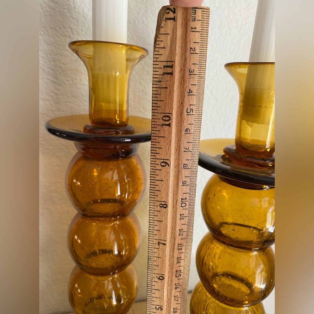 Vintage Midcentury Hand Blown Amber Bubble Glass Candle Holders MCM - Picture 6 of 7